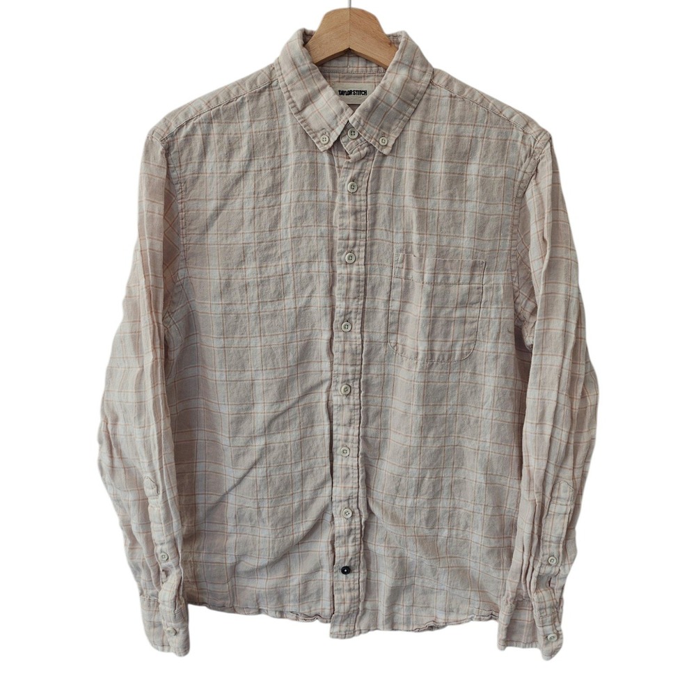 Taylor Stitch Mens 40 Linen Button Down Shirt Plaid Orange Tan Long Sleeve